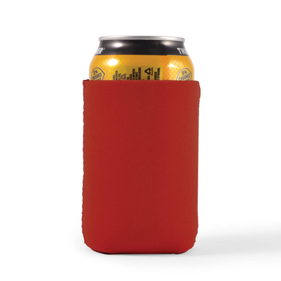 A red stubby cooler holding a can, designed to keep drinks cold. It features a simple, smooth design.