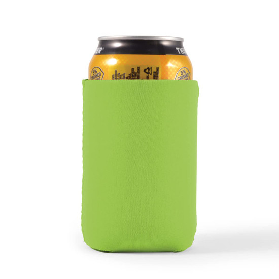 A bright green stubby holder designed to fit standard drink cans, featuring a logo.
