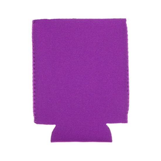 A purple stubby cooler featuring a brand logo, designed to keep drinks cool.