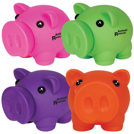 A set of four colorful coin banks in pink, green, purple, and orange, featuring playful piglet designs and a logo.