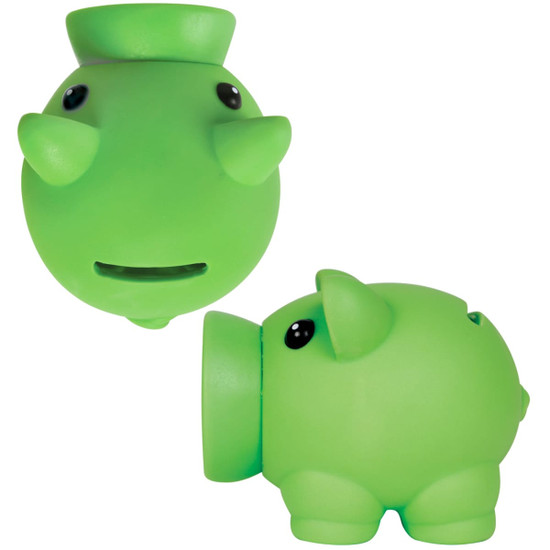 A green micro piglet coin bank with a round body, small ears, and large cartoonish eyes.