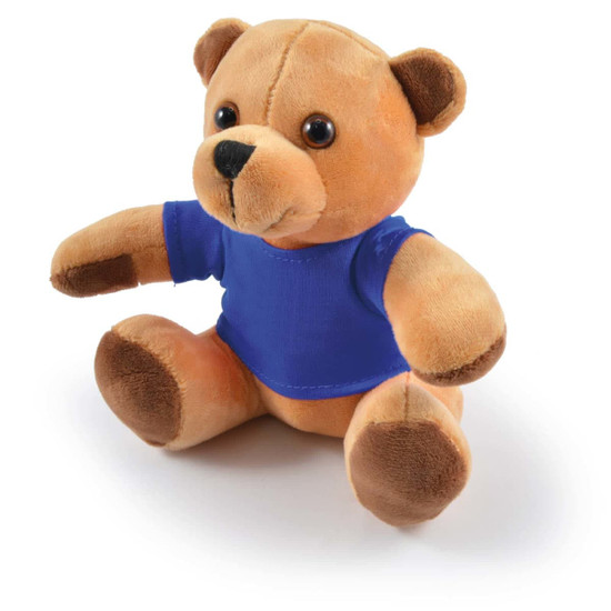 A plush teddy bear with a light brown body and a blue shirt, featuring soft, rounded ears and dark eyes.