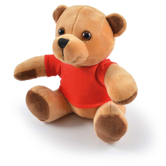 A plush teddy bear in a red shirt, featuring brown fur and black eyes, sitting upright against a white background.