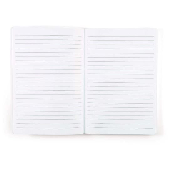 A bamboo notebook with blank, lined pages. The notebook is open, displaying two pages of horizontal lines for writing.