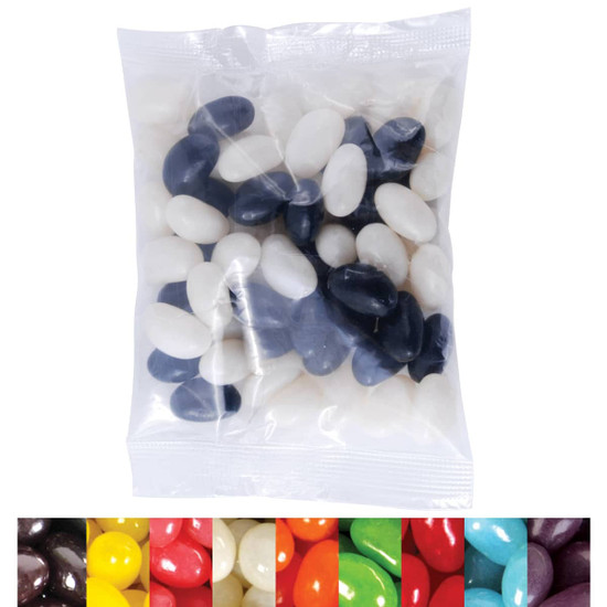 A clear cello bag containing assorted jelly beans in black, white, and other vibrant colors.