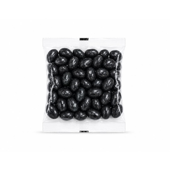 A clear cello bag filled with shiny black jelly beans, neatly packaged.