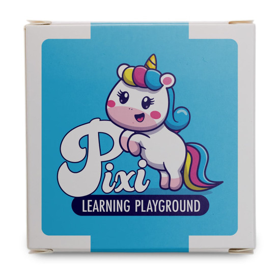 A box featuring a cartoon unicorn with a colourful mane, labelled "Pixi Learning Playground." 