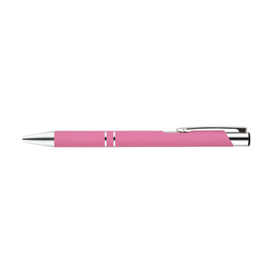 A pink metal pen with a shiny silver clip and accents, featuring a branding logo.