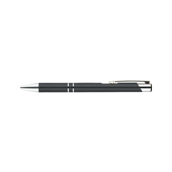 A metal pen in dark grey with silver accents and a clip, featuring a sleek, streamlined design.