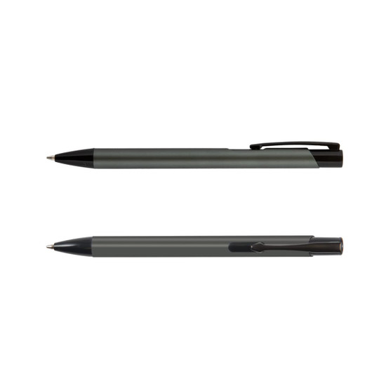 A metal pen in black and dark grey, featuring a clip and sleek design, with branding visible.