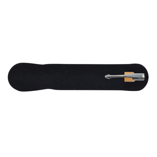 A bamboo pen with a silver tip displayed on a black background. The pen includes a holder.