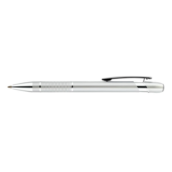 A metallic silver pen with a grip section and a clip, featuring a branding logo.