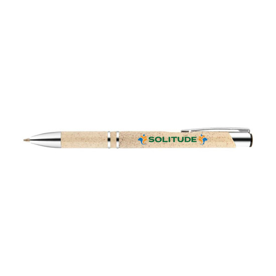 A plastic pen with a cork-like barrel and silver accents, featuring a logo.