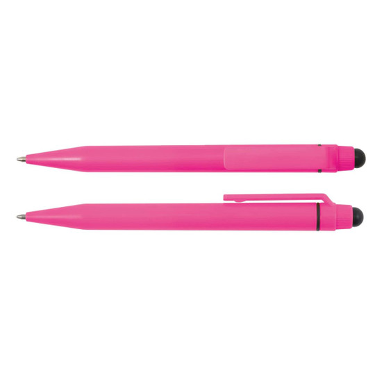 A pink stylus pen is displayed, featuring a sleek design with a sturdy clip and a soft tip for touchscreen use.