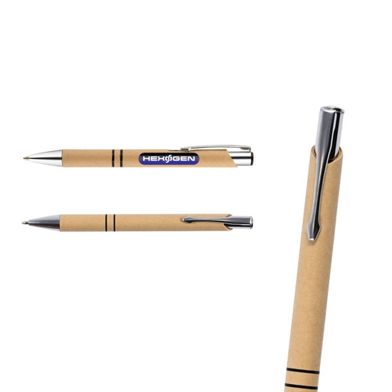 A paper pen with a brown body and metallic accents, featuring a logo and a clip for attachment.