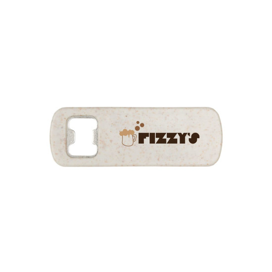 A drink bottle opener in white with a logo design. It features a keyring loop for easy attachment.