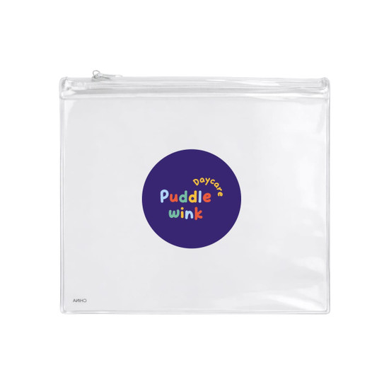 A clear pencil case with a circular logo in purple, featuring colourful text for "Puddle Winkle Daycare."
