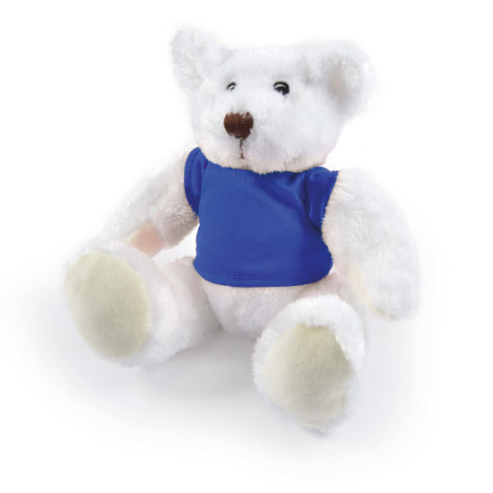 A plush teddy bear with white fur and a blue shirt, featuring a cute expression and soft paws.