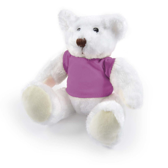 A plush teddy bear with a white coat and a purple shirt, featuring soft paws and a friendly expression.