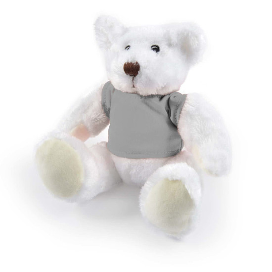 A plush teddy bear named Frosty, featuring a soft white exterior and a grey shirt.