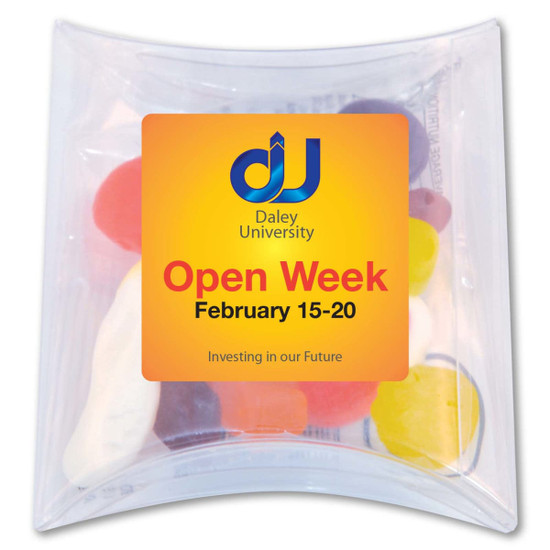 A pillow pack containing assorted jelly lollies in various colors, with a logo on the package.