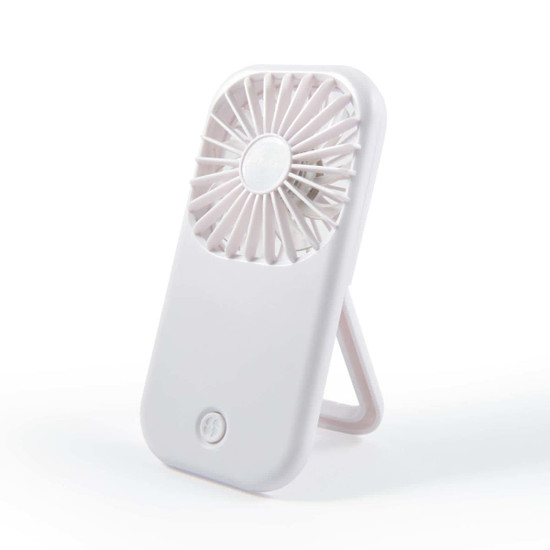 A portable white fan with a circular grille and a built-in stand.