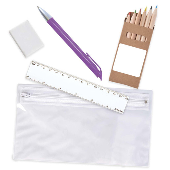 A pencil case containing colored pencils, a purple pen, a ruler, and an eraser.