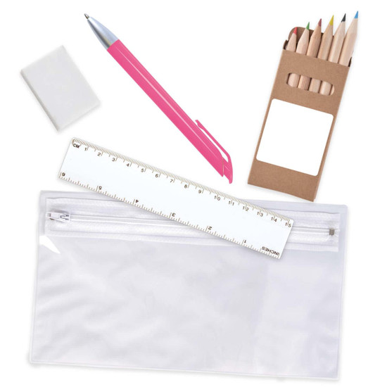 A pencil case containing colored pencils, a pink pen, a ruler, and an eraser.