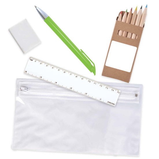 A transparent pencil case with a ruler, green pen, eraser, and a box of colored pencils.