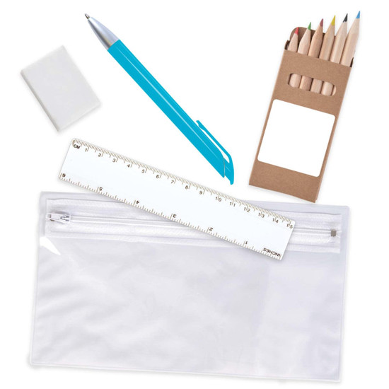 A pencil case containing colored pencils, a blue pen, a ruler, and a white eraser.