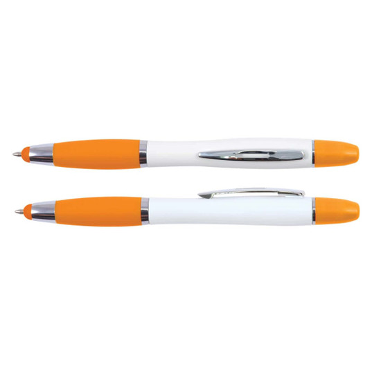 A white stylus pen and highlighter with orange accents, featuring a sleek design and a clip on the side.