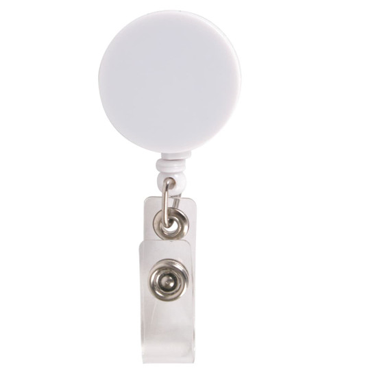 A retractable name badge holder featuring a round, white reel and a silver clip for attachment.