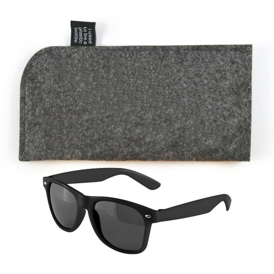 A pair of black sunglasses with dark lenses is displayed alongside a grey felt protective case.
