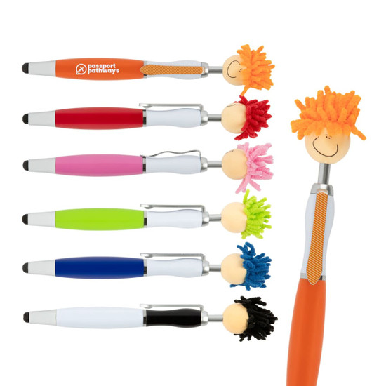 A set of stylus pens in various colours, featuring playful mop-top heads with yarn hair and smiley faces.