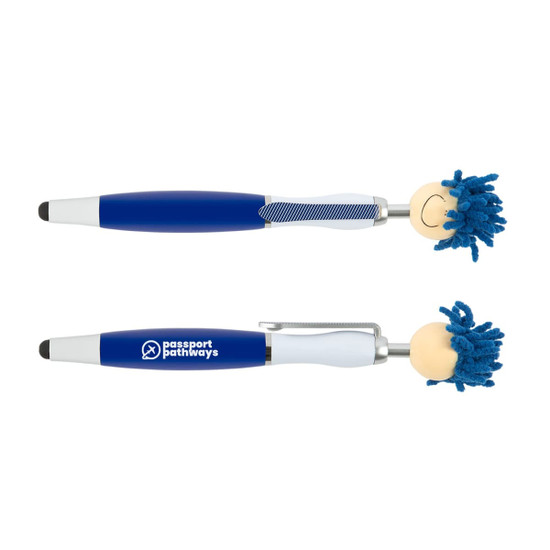 A blue and white Mop Top pen with a stylus tip and a character head featuring blue yarn hair and a smiling face.