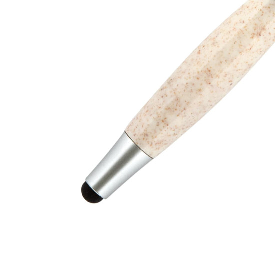 A stylus pen with a textured cream and speckled beige barrel and a silver tip. It features a branding logo.