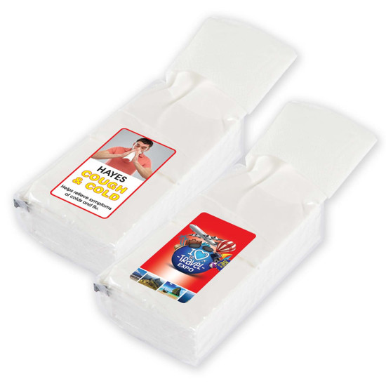 A pack of pocket tissues, featuring two white tissue bundles with colorful packaging on each. Contains ten packs.