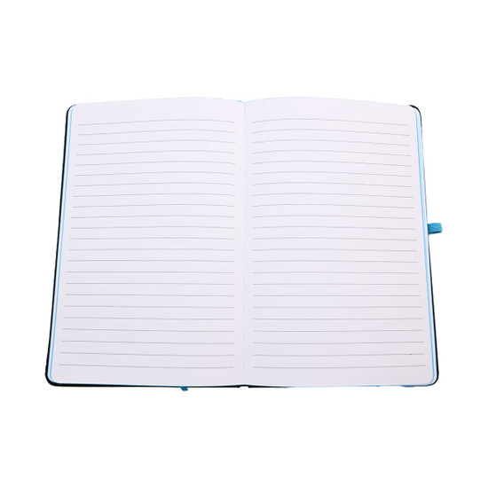 An open Venture Supreme A5 Notebook featuring blank lined pages, designed for office and business use.