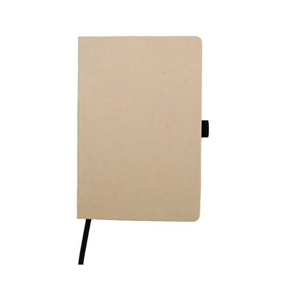 A beige A5 notebook with a black elastic band closure and a simple design. Includes a logo on the cover.