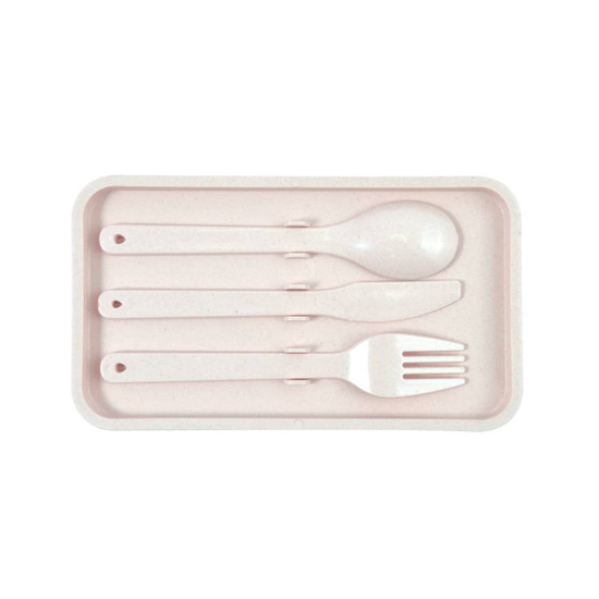 A set of four eco-friendly utensils in a pale pink tray, including a spoon, knife, fork, and a spork.