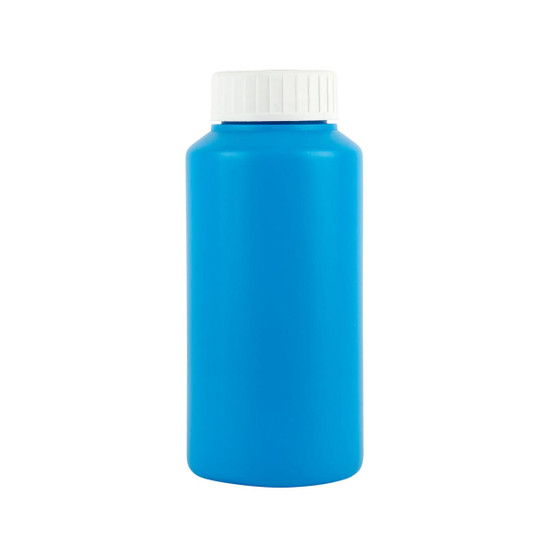 A drink bottle in bright blue with a white screw cap and a smooth exterior. It has a logo on the surface.