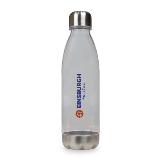 A drink bottle made of clear material with a stainless steel top, featuring a logo.