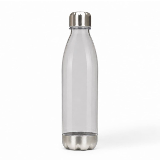 A drink bottle featuring a clear body and stainless steel cap and base, suitable for various beverages.