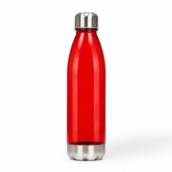 A drink bottle in bright red with a stainless steel top and base, featuring a logo.