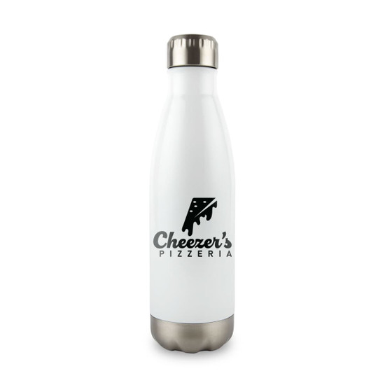 A drink bottle in white with a stainless steel base and a logo design on the front.
