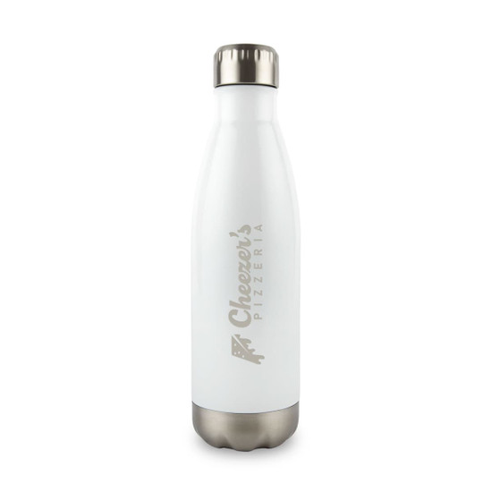 A drink bottle with a white body and silver lid, featuring a logo on the side.