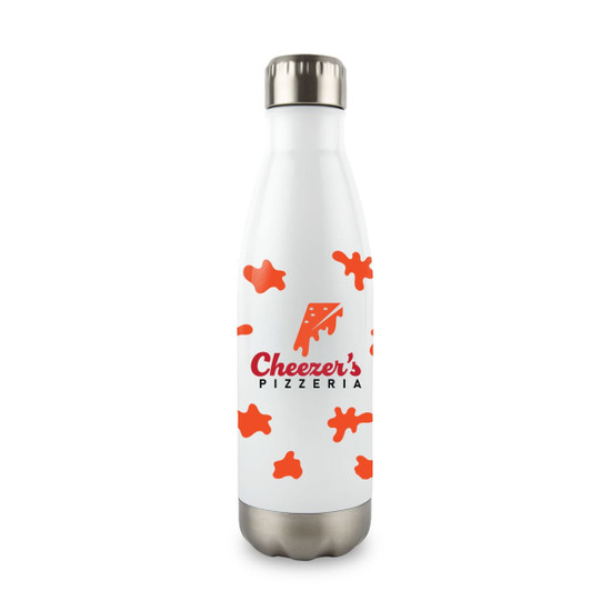 A drink bottle with a white body featuring orange splatter designs and a logo. It has a stainless steel base.