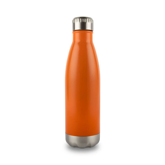 A drink bottle in vibrant orange with a stainless steel base and a sleek design. Features a logo on the surface.