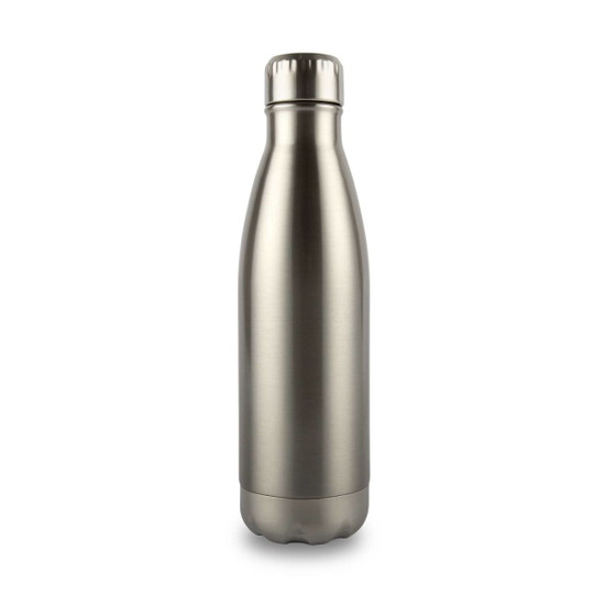 A drink bottle in a sleek metallic finish with a screw-top lid and a circular base. Features a logo on the surface.