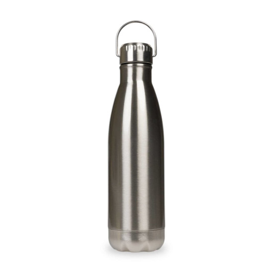 A stainless steel drink bottle with a hanger lid, featuring a sleek, silver finish.